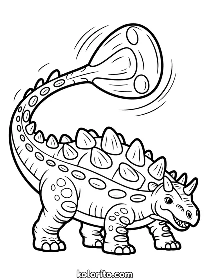 Ankylosaurus kleurplaat: een Ankylosaurus zwaait met zijn gepantserde staartknots