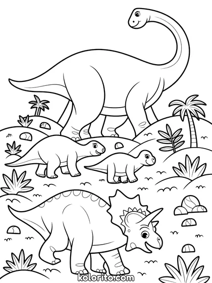 Dinosaurus familie kleurplaat: een familie dinosaurussen trekt samen door het landschap
