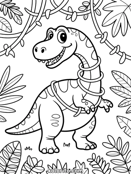 Dinosaurus in de jungle kleurplaat: een dinosaurus raakt verstrikt in de lianen van de jungle