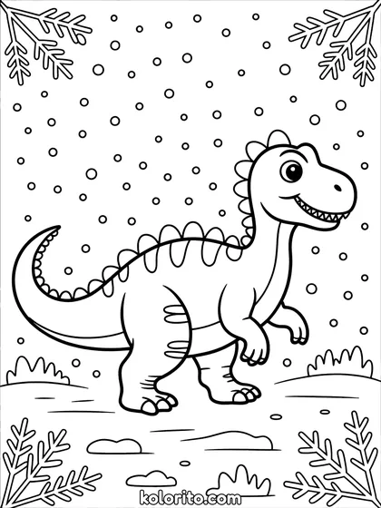 Dinosaurus in de sneeuw kleurplaat: een dinosaurus loopt door een winterlandschap met sneeuwvlokken