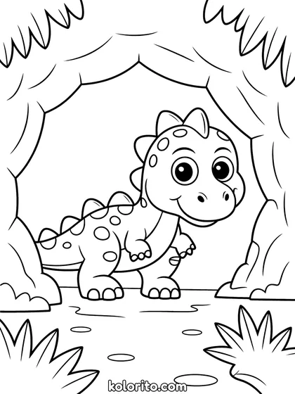 Dinosaurus in een grot kleurplaat: een verlegen dinosaurus gluurt uit de opening van een grot