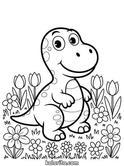 Dinosaurus met bloemen kleurplaat: een dinosaurus staat midden in een veld met lentebloemen