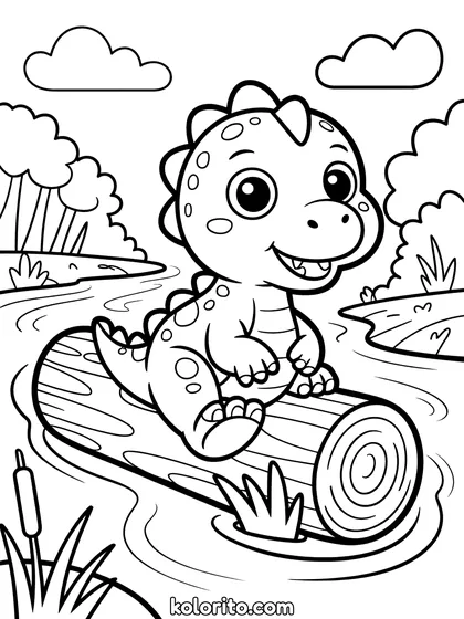 Dinosaurus op een boomstam kleurplaat: een dinosaurus drijft op een boomstam de rivier af