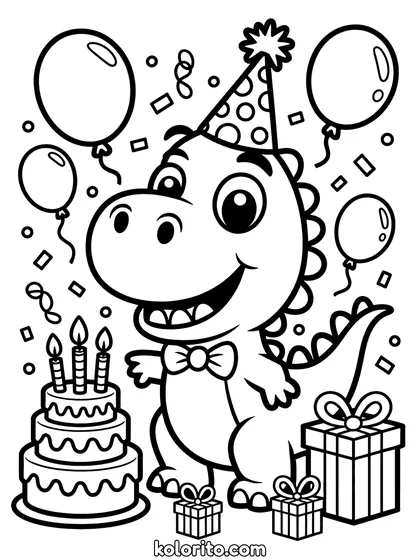 Dinosaurus verjaardag kleurplaat: een dinosaurus viert feest met taart, ballonnen en cadeaus