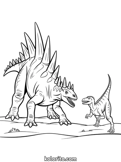 Kentrosaurus kleurplaat: een Kentrosaurus verdedigt zich met de stekels op zijn rug en staart