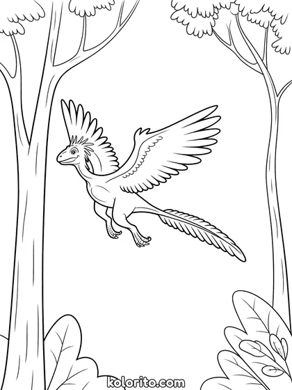 Microraptor kleurplaat: een Microraptor zweeft tussen de bomen door