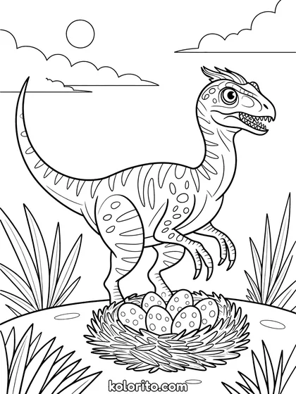 Oviraptor kleurplaat: een Oviraptor waakt over zijn nest met eieren