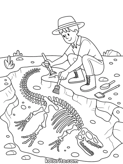Paleontoloog kleurplaat: een paleontoloog graaft botten van een dinosaurus op