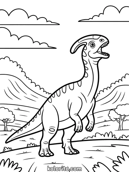 Parasaurolophus kleurplaat: een Parasaurolophus roept over een vallei, met zijn lange kam naar achteren