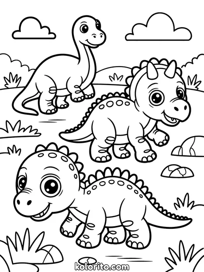 Pasgeboren dinosaurussen kleurplaat: pasgeboren dinosaurusjes zetten hun eerste stapjes