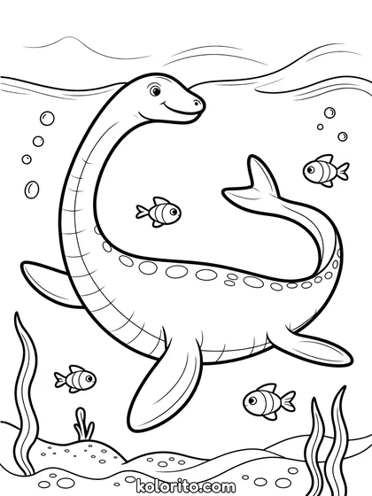 Plesiosaurus kleurplaat: een Plesiosaurus zwemt diep onder water met zijn lange nek