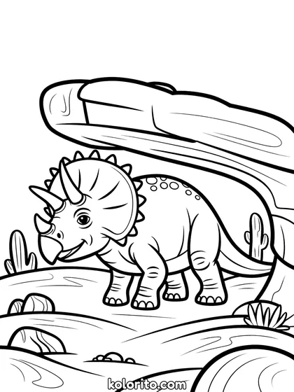 Protoceratops kleurplaat: een Protoceratops schuilt tussen de duinen van een woestijn