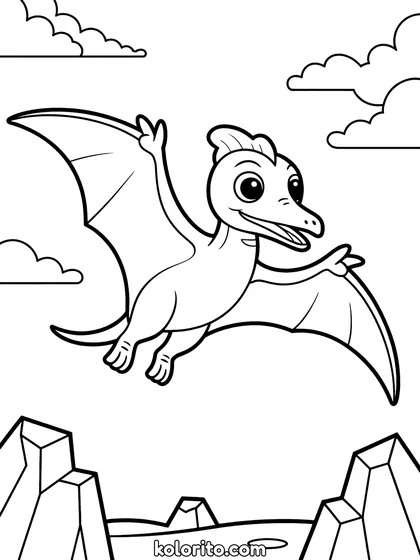 Pteranodon kleurplaat: een jonge Pteranodon leert vliegen boven het landschap