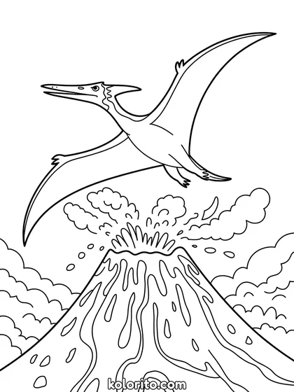 Pterodactylus kleurplaat: een vliegende Pterodactylus boven een uitbarstende vulkaan
