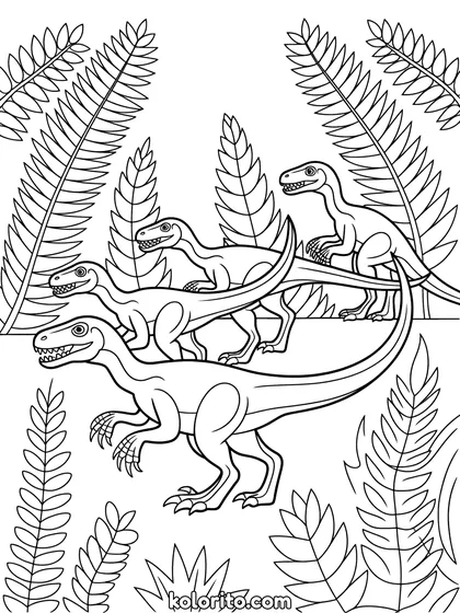 Raptor kleurplaat: een groep raptoren sluipt door hoge varens