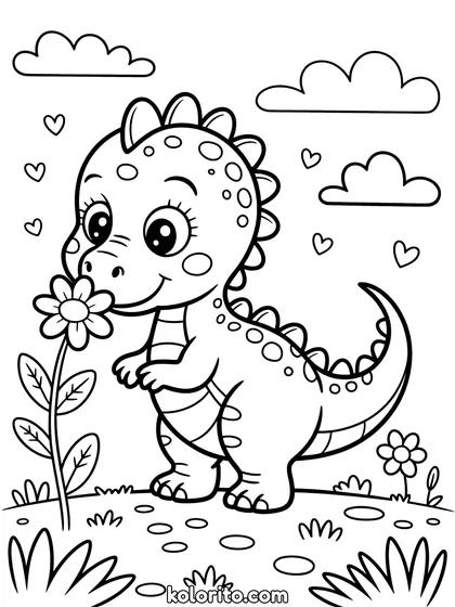 Schattige dinosaurus kleurplaat: een klein lief dinosaurusje ruikt aan een bloem