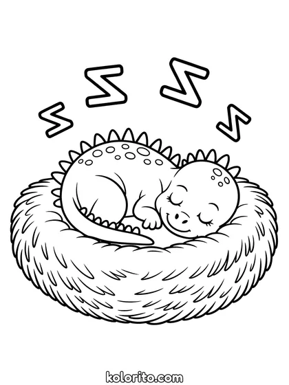 Slapende dinosaurus kleurplaat: een babydinosaurus ligt opgerold te slapen in zijn nest