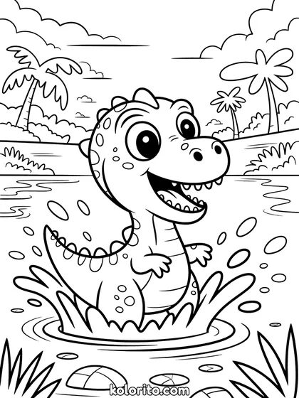 Spelende dinosaurus kleurplaat: een dinosaurus spettert vrolijk in een warm meer