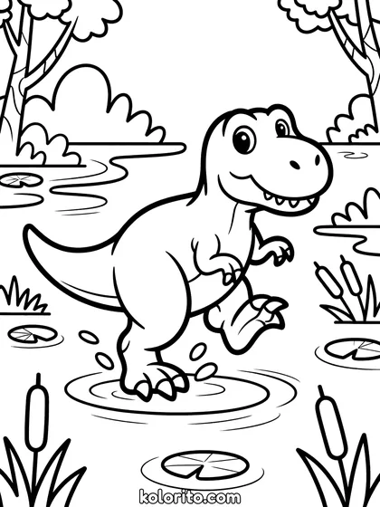 T-rex in het moeras kleurplaat: een Tyrannosaurus rex stampt door een modderig moeras