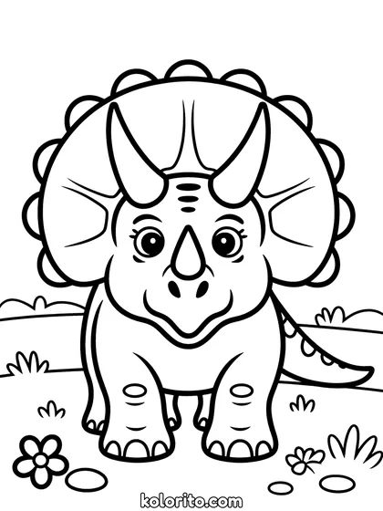 Triceratops kleurplaat: een Triceratops van voren met zijn drie hoorns en grote nekschild