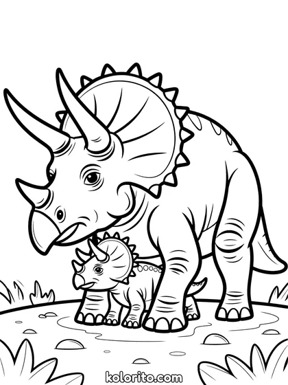 Triceratops met jong kleurplaat: een moeder Triceratops beschermt haar jong